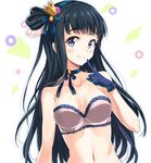  black_hair blue_gloves blue_neckwear blue_ribbon bra breasts collarbone commentary_request crown finger_to_mouth frilled_bra frills gloves hair_ribbon hair_rings jpeg_artifacts kuonji_shizuka long_hair medium_breasts mini_crown mirai_denki navel purple_eyes ribbon solo strapless strapless_bra tokyo_7th_sisters underwear 