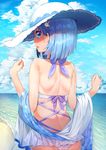  alternative_girls ass bare_shoulders beach bikini blue_eyes blue_hair blue_sky bunny_hair_ornament cloud cloudy_sky day from_behind hair_ornament halterneck hat highres looking_at_viewer looking_back open_mouth orimiya_yui outdoors print_bikini profile short_hair shoulder_blades sky solo sun_hat sweat swimsuit tofu1601 