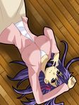  breasts fate/stay_night fate_(series) from_above highres indoors large_breasts looking_at_viewer lying matou_sakura matsudora124 on_back on_floor purple_eyes purple_hair solo wooden_floor 