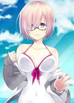  against_glass bad_id bad_pixiv_id bangs black-framed_eyewear blue_sky blush breast_press breasts cloud cloudy_sky collarbone commentary_request covered_navel day fate/grand_order fate_(series) glasses hair_over_one_eye hands_up highres hood hoodie large_breasts lavender_hair light_rays light_smile looking_at_viewer mash_kyrielight ocean open_clothes open_hoodie outdoors parted_lips purple_eyes purple_hair short_hair sky sleeves_past_wrists solo sunbeam sunlight swimsuit swimsuit_of_perpetual_summer upper_body white_swimsuit yukichi_(eikichi) 