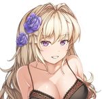  blonde_hair bra breasts cleavage flower hair_flower hair_intakes hair_ornament hallohi highres lace lace-trimmed_bra large_breasts long_hair looking_at_viewer original purple_eyes red_eyes smile solo underwear upper_body white_background 