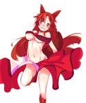  animal_ears bare_shoulders blush breasts brown_hair choker commentary_request cowboy_shot furorina groin heart heart-shaped_pupils imaizumi_kagerou large_breasts long_hair looking_at_viewer navel no_panties nose_blush parted_lips red_eyes red_skirt revealing_clothes skirt solo stomach symbol-shaped_pupils tail touhou very_long_hair wolf_ears wolf_tail 