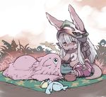  :3 animal_ears blue_eyes bowl brown_eyes commentary creature crying crying_with_eyes_open ears_through_headwear eyebrows_visible_through_hair fangs food full_body furry hair_between_eyes helmet horizontal_pupils horns long_hair lying made_in_abyss mat mitty_(made_in_abyss) nanachi_(made_in_abyss) on_stomach open_mouth pants pot sitting steam tail takeda_sun tears very_long_hair white_hair 