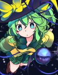  :o aqua_eyes black_hat blush bow breasts collarbone commentary_request eyeball foreshortening frilled_shirt_collar frills furorina green_hair green_skirt hat hat_bow heart heart_of_string komeiji_koishi long_sleeves looking_at_viewer shirt skirt small_breasts solo third_eye touhou triangle_mouth wide_sleeves yellow_bow yellow_shirt 