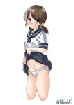  ass black_skirt blush brown_eyes brown_hair cowboy_shot ebifurya flat_ass groin highres kantai_collection lifted_by_self looking_at_viewer low_twintails navel open_mouth panties pleated_skirt shirayuki_(kantai_collection) short_sleeves simple_background skirt skirt_lift solo stomach sweat twintails twitter_username underwear white_background white_panties 