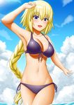  :d absurdres abukobato alternate_costume armpits bangs bikini blonde_hair blue_eyes blush braid breasts cleavage cloud cloudy_sky collarbone commentary_request cowboy_shot day fate/apocrypha fate_(series) highres jeanne_d'arc_(fate) jeanne_d'arc_(fate)_(all) large_breasts long_hair looking_at_viewer navel open_mouth purple_bikini side-tie_bikini single_braid sky smile solo stomach swimsuit underboob very_long_hair wading 