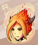 &gt;:3 :3 blush collar disembodied_head doom_(game) hdoom horns lost_soul_(doom) monster monster_girl orange_hair personification red_eyes simple_background skull spiked_collar spikes 