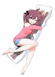  barefoot blue_eyes dakimakura_(object) from_above hakua_shou highres kumagai_yuuki looking_at_viewer mikame_miharu off_shoulder official_art one_eye_closed otaku pillow pillow_hug re:creators re:creators_one_more! shorts simple_background solo two_side_up white_background 