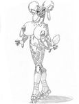  2017 2_toes 4_fingers anthro big_breasts big_nipples breasts ear_piercing female giraffe greyscale huge_breasts knee_pads looking_at_viewer mammal monochrome nipple_piercing nipples nude piercing pigtails pubes rollerskates simple_background sketch smile solo spots standing toes wolfkidd 