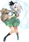  ascot backpack bag bangs black_footwear black_legwear black_ribbon buttons collared_shirt eyebrows_visible_through_hair full_body green_eyes green_skirt hair_ribbon highres knees_together_feet_apart konpaku_youmu konpaku_youmu_(ghost) loafers looking_at_viewer miniskirt nigo_(aozoragarou) one_eye_closed puffy_sleeves ribbon shirt shoes short_hair simple_background skirt skirt_set socks solo standing touhou vest white_background white_hair white_shirt wing_collar 