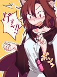  animal_ears blush breasts brown_hair choker collarbone commentary_request dress falling fang furorina hair_between_eyes imaizumi_kagerou large_breasts long_hair long_sleeves nose_blush open_mouth red_eyes solo sweat touhou white_dress wide_sleeves wolf_ears 