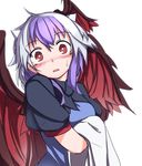  bangs bird_wings blush brown_eyes commentary_request dress from_side furorina looking_at_viewer looking_to_the_side multicolored_hair nose_blush puffy_short_sleeves puffy_sleeves purple_hair short_sleeves solo tokiko_(touhou) touhou towel two-tone_hair upper_body white_hair wings 