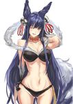  ;) animal_ears bangs bare_shoulders bell bikini black_bikini breasts collarbone commentary_request cowboy_shot erune fox_ears fox_tail granblue_fantasy hair_bell hair_ornament highres jingle_bell large_breasts long_hair looking_at_viewer navel one_eye_closed red_eyes smile solo stomach swimsuit tail thighhighs three_k_(spiritus_no_honoo) very_long_hair yuel_(granblue_fantasy) 