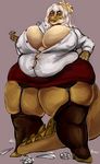  2017 absurd_res angry annoyed beckoning belly big_belly big_breasts big_thighs biped breasts brown_lips brown_scales cinnamon_(mcnasty) cinnamon_bun cleavage clothed clothing countershade_face countershade_torso countershading crocodile crocodilian digital_media_(artwork) digital_painting_(artwork) dress_shirt dripping eyelashes fangs female food food_creature footwear front_view frosting frown full-length_portrait garter_belt garter_straps gesture goo_hair grey_background guwu half-closed_eyes hand_on_hip hi_res high_heels huge_breasts ineffective_clothing legwear long_tail looking_down miniskirt nipple_bulge non-mammal_breasts obese object_between_breasts overweight overweight_female paper paper_airplane portrait red_bottomwear red_clothing reptile scales scalie shirt shoes signature simple_background skirt solo spikes standing stockings tail_between_legs tan_countershading thick_tail trash white_clothing white_topwear 
