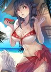  admiral_(kantai_collection) asdj bangs beach bikini black_hair blush breasts cleavage collarbone commentary_request covered_nipples cowboy_shot day food food_on_breasts fruit groin hair_over_shoulder highres kantai_collection large_breasts long_hair looking_at_viewer low_ponytail navel out_of_frame outdoors parted_lips ponytail pov pov_hands red_eyes ryuuhou_(kantai_collection) sarong solo_focus stomach swimsuit taigei_(kantai_collection) watermelon watermelon_seeds 