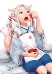  animal_ears blue_eyes blue_pants braid commentary_request eating food food_on_face fruit hair_tubes highres holding holding_food japanese_clothes long_hair missing_tooth multiple_tails open_mouth original pants pink_hair pomegranate ribbon-trimmed_sleeves ribbon_trim roku_(saba_kan) sitting solo stained_clothes tail twintails white_background wide_sleeves 