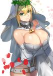  &gt;:) bangs bare_shoulders blonde_hair blush breast_hold breasts chain cleavage closed_mouth commentary_request cowboy_shot detached_sleeves fate/extra fate/extra_ccc fate_(series) full-length_zipper green_eyes large_breasts laurel_crown leotard lock long_sleeves looking_at_viewer nero_claudius_(bride)_(fate) nero_claudius_(fate)_(all) padlock petals sleeves_past_wrists smile solo three_k_(spiritus_no_honoo) v-shaped_eyebrows veil white_leotard white_sleeves zipper 