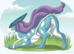  2017 anatomically_correct animal_genitalia blush butt digital_media_(artwork) egging_(artist) female feral fur legendary_pok&eacute;mon looking_back mammal nintendo pok&eacute;mon presenting presenting_hindquarters presenting_pussy pussy simple_background smile solo suicune video_games 