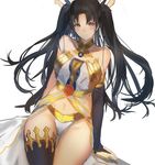  &gt;:) arm_support asymmetrical_legwear asymmetrical_sleeves bare_shoulders black_hair breasts bridal_gauntlets closed_mouth commentary_request elbow_gloves fate/grand_order fate_(series) gloves hair_ribbon ishtar_(fate/grand_order) jewelry large_breasts long_hair looking_at_viewer navel neck_ring panties red_eyes ribbon single_elbow_glove single_thighhigh sitting sketch smile solo stomach thighhighs three_k_(spiritus_no_honoo) two_side_up underwear v-shaped_eyebrows white_panties 