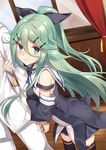  1girl 3: admiral_(kantai_collection) arched_back arm_hug black_bow black_skirt blue_eyes blush bow closed_mouth commentary_request detached_sleeves green_hair hair_between_eyes hair_bow hair_flaps hair_ornament hairclip kantai_collection long_hair looking_at_viewer out_of_frame pleated_skirt ponytail revision sailor_collar sidelocks skirt solo_focus thighhighs yamakaze_(kantai_collection) yappen zettai_ryouiki 