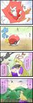  blonde_hair breasts catching check_translation cleavage comic commentary_request crossover day delibird dress elbow_gloves emphasis_lines fan flying_sweatdrops forest gap gen_2_pokemon gloves hat hat_ribbon highres holding holding_fan holding_poke_ball light_rays long_hair mob_cap mountain nature noel_(noel-gunso) open_mouth open_poke_ball outdoors partially_translated poke_ball poke_ball_(generic) pokemon pokemon_(creature) puffy_short_sleeves puffy_sleeves purple_dress ribbon short_sleeves smile standing sun sunbeam sunlight touhou translation_request tree yakumo_yukari 