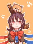  animal animal_on_head asymmetrical_wings bangs black_dress black_hair blush bow bowtie closed_mouth commentary_request dress furorina houjuu_nue long_hair looking_up on_head red_bow red_eyes red_neckwear red_panda short_sleeves touhou upper_body v_arms wavy_mouth wings 
