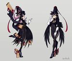  1girl ass bayonetta bayonetta_(cosplay) black_hair breasts filia_(skullgirls) glasses gun lab_zero_games monster nintendo platinum_games red_eyes samson_(skullgirls) skullgirls 