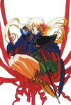 90s blonde_hair blue_cape blue_gloves boots bow cape chocolate chocolate_heart deedlit elbow_gloves floating_hair gift gloves green_eyes hair_bow hand_on_own_cheek heart highres holding holding_gift legs_together long_hair looking_at_viewer non-web_source official_art pointy_ears record_of_lodoss_war ribbon sheath sheathed simple_background skirt smile solo sword weapon white_background yuuki_nobuteru 