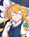  ^_^ blush braid breasts closed_eyes commentary facing_viewer furorina grin hat heart kirisame_marisa messy_hair pointing pointing_at_self short_hair_with_long_locks single_braid small_breasts smile solo star teeth touhou witch_hat 