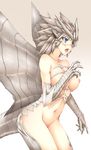  blue_eyes blush bottomless breasts highres horns kushala_daora large_breasts monster_girl monster_hunter nipples nude personification pointy_ears short_hair silver_hair solo tail wings yui.h 