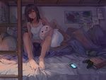  barefoot black_hair book brown_eyes controller digital_media_player einri game_controller highres holding holding_stuffed_animal indoors ladder looking_at_viewer on_bed original pillow pokemon poster_(object) shorts sitting solo stuffed_animal stuffed_toy substitute 