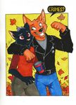  2017 ango76 anthro black_eyes black_fur canine cat clothed clothing duo english_text feline female fox fur gregg_(nitw) grin jacket jeans leaf mae_(nitw) male mammal night_in_the_woods orange_fur pants pink_nose red_eyes simple_background smile text 