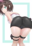  1girl a.i._channel aqua_eyes ass bare_shoulders bending_forward blush breasts brown_hair cameltoe from_behind hairband hidpe kizuna_ai medium_breasts multicolored_hair pink_hair shiny shiny_hair shiny_skin short_hair short_shorts shorts sideboob smile solo strapless thigh_strap tubetop two-tone_hair virtual_youtuber 