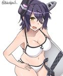  absurdres bikini breasts checkered checkered_neckwear cleavage eyepatch hand_on_hip headgear highres kantai_collection kickboard kiritto large_breasts looking_at_viewer necktie purple_hair short_hair simple_background solo swimsuit tenryuu_(kantai_collection) twitter_username white_background white_bikini yellow_eyes 