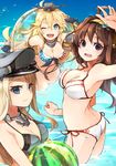  :d ahoge american_flag_bikini ball beachball bikini bismarck_(kantai_collection) blonde_hair blue_eyes breasts brown_hair double_bun flag_print hair_between_eyes hat iowa_(kantai_collection) kantai_collection kongou_(kantai_collection) large_breasts long_hair multiple_girls nerokuro one_eye_closed open_mouth partially_submerged peaked_cap purple_eyes remodel_(kantai_collection) smile star star-shaped_pupils swimsuit symbol-shaped_pupils water watermelon_beachball white_bikini 