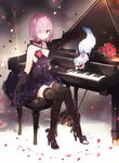  black_dress black_gloves black_legwear blush bouquet breasts cleavage dress fate/grand_order fate_(series) floral_print flower fou_(fate/grand_order) gloves grand_piano hair_over_one_eye high_heels instrument large_breasts looking_at_viewer mash_kyrielight namie-kun petals piano piano_bench pink_hair purple_eyes rose shoe_dangle short_hair sitting smile solo thighhighs zettai_ryouiki 