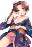  areola_slip areolae ass_visible_through_thighs ayanami_(kantai_collection) bangs bare_shoulders bitou_(bitoumaturi) blue_panties blush breasts brown_hair cameltoe cowboy_shot dutch_angle embarrassed hair_ribbon japanese_clothes kantai_collection kimono light_brown_eyes long_hair no_bra off_shoulder open_mouth panties parted_bangs ribbon side_ponytail simple_background small_breasts smile solo string_panties sweat underwear very_long_hair wavy_mouth white_background yukata 