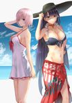  alternate_costume bangs bare_arms bare_shoulders beach bikini bikini_top black_bikini black_hair black_hat blue_eyes blunt_bangs blush bow bow_swimsuit breasts choker cleavage collarbone commentary_request cowboy_shot day dress dress_swimsuit eyes_visible_through_hair fate/grand_order fate_(series) groin hair_over_one_eye hat highres large_breasts lavender_hair long_hair looking_at_viewer mash_kyrielight multiple_girls navel purple_eyes red_bow saint_martha saint_martha_(swimsuit_ruler)_(fate) sarong short_dress short_hair smile stomach sugi87 sun_hat sundress swimsuit swimsuit_of_perpetual_summer very_long_hair white_dress white_swimsuit 