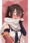  blush box brown_eyes brown_hair commentary detached_sleeves double-breasted embarrassed gift gift_box hair_ornament jintsuu_(kantai_collection) kantai_collection lempika mystery_box naka_(kantai_collection) remodel_(kantai_collection) scarf school_uniform sendai_(kantai_collection) serafuku short_hair uniform valentine white_scarf 