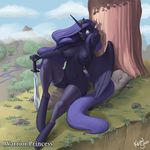  2017 anthro anthrofied areola blue_eyes blue_feathers blue_hair breasts clothing cloud english_text equine feathered_wings feathers female friendship_is_magic hair hooves horn kevinsano legwear long_hair mammal melee_weapon my_little_pony navel nipples outside princess_luna_(mlp) pussy rock sky solo sword text tree weapon winged_unicorn wings 