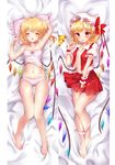  armpits bad_id bad_pixiv_id bare_arms bare_legs barefoot bed_sheet blonde_hair blush bow bow_panties breasts camisole closed_eyes collared_shirt dakimakura drooling flandre_scarlet full_body hat hat_bow highres knees_together_feet_apart looking_at_viewer lying medium_breasts miniskirt mob_cap multiple_views navel on_back open_clothes open_shirt panties panty_pull pillow pink_panties pointy_ears puffy_short_sleeves puffy_sleeves red_bow red_eyes red_skirt saliva shanghai_bisu shirt short_sleeves side_ponytail skirt sleeping smile stomach touhou underwear underwear_only vest white_hat wings 