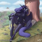  2017 anthro anthrofied areola armor blue_eyes blue_feathers blue_hair breasts clothing cloud english_text equine feathered_wings feathers female friendship_is_magic hair hooves horn kevinsano legwear long_hair mammal melee_weapon my_little_pony navel nipples outside panties princess_luna_(mlp) rock sky solo sword text tree underwear weapon winged_unicorn wings 