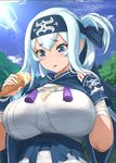  ainu_clothes bandana blue_eyes breasts cloud cropped_jacket crystal_shoujo day folded_ponytail food headband highres ice_cream kamoi_(kantai_collection) kantai_collection large_breasts lens_flare long_hair looking_down sidelocks sky solo spill thick_eyebrows upper_body white_hair wrist_guards 