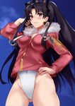  black_hair blush breasts covered_navel cowboy_shot day earrings fate/grand_order fate_(series) fur_trim grin highleg highleg_swimsuit ishtar_(fate/grand_order) ishtar_(swimsuit_rider)_(fate) jacket jewelry jirusu long_hair looking_at_viewer medium_breasts navel one-piece_swimsuit red_eyes sky smile solo swimsuit swimsuit_under_clothes twintails 