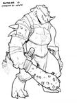  2017 3_fingers anthro armor blattarieva body_armor breastplate claws clothed clothing club_(weapon) digital_media_(artwork) facial_piercing grin horn lizard male melee_weapon nose_piercing nose_ring piercing reptile scales scalie scar septum_piercing shoulder_guards simple_background sketch smile solo unconvincing_armor weapon 