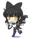  black_hair blake_belladonna bow chibi commentary_request fish food_in_mouth hair_bow iesupa long_hair lowres rwby rwby_chibi solo yellow_eyes 