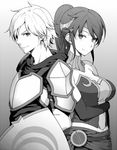  1girl armor body_armor breasts cleavage elbow_gloves gloves greyscale hair_ornament hiroya_juuren jaune_arc long_hair looking_at_viewer medium_breasts monochrome ponytail pyrrha_nikos rwby shield smile vambraces 