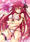  armlet ass_visible_through_thighs bikini blush breasts brown_eyes cattleya_(flower_knight_girl) choker commentary_request cowboy_shot flower flower_knight_girl hair_ribbon huei_nazuki large_breasts long_hair looking_at_viewer multicolored multicolored_background object_namesake orchid pink_background red_hair ribbon smile solo swimsuit thighlet twitter_username underboob white_bikini yellow_background 
