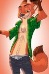  2017 akiric anthro bare_chest bulge canine chest_tuft clothed clothing dipstick_tail disney fox gradient_background green_eyes half-closed_eyes male mammal multicolored_tail navel_tuft nick_wilde open_pants open_shirt simple_background smile solo standing tuft underwear zootopia 