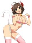  ahoge animal_ears arched_back bangs bare_shoulders bell bell_collar bikini blush breasts brown_hair cat_ears cat_tail chikuishi cleavage collar collarbone fang front-tie_top green_eyes hair_ribbon hands_up hips idolmaster idolmaster_cinderella_girls large_breasts looking_at_viewer lowres maekawa_miku navel open_mouth paw_pose pink_bikini pink_legwear red_ribbon ribbon shiny shiny_skin short_hair side-tie_bottom simple_background smile swept_bangs swimsuit tail thighs white_background wristband 